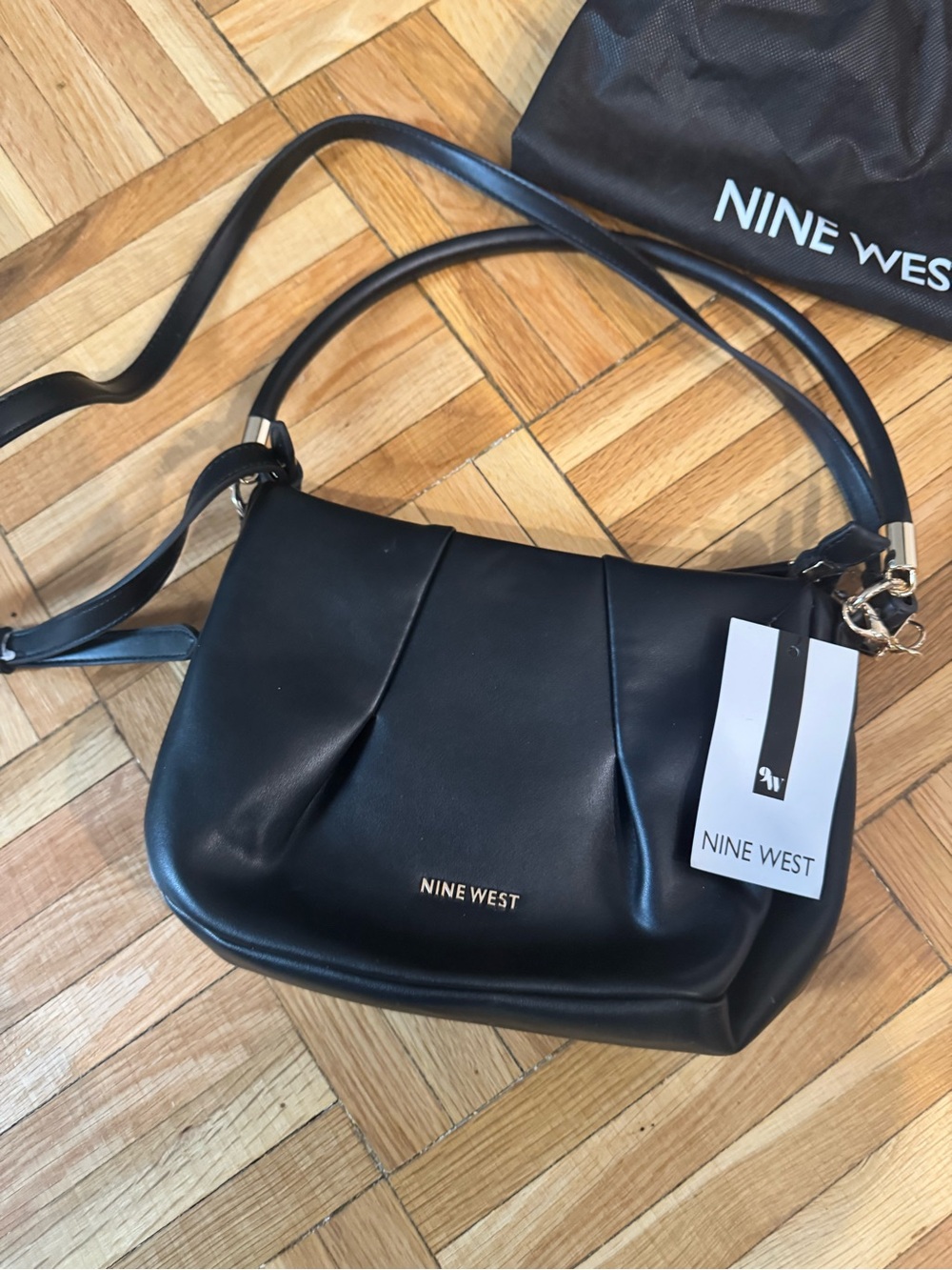 Nine West Black Leather Shoulder Bag with Gold Hardware